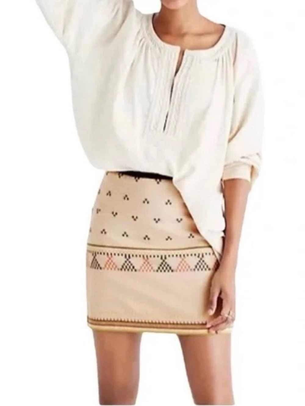 Tan Patterned Skirt with Black Trim